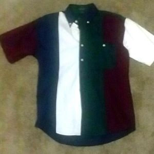 Campus Color Block Short Sleeve Collar Buttons Down y2k Bolo Shirt Men Size M